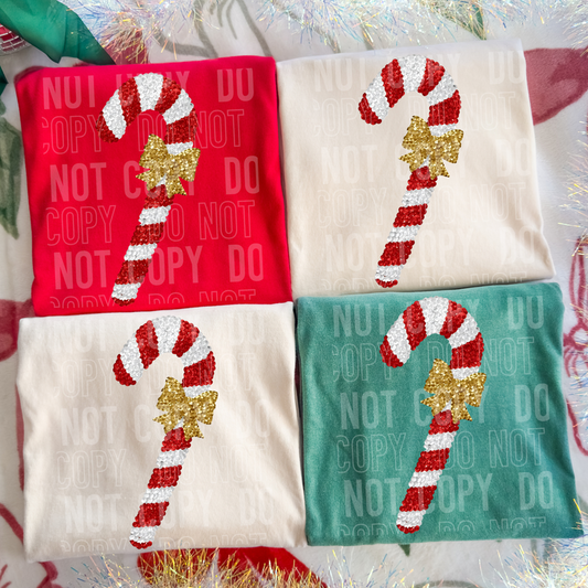 Candy Cane With Bow Sequined Faux DTF Transfer