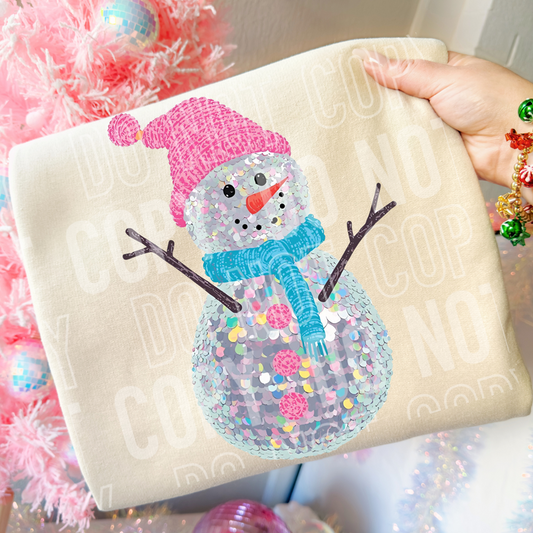 Snowman Pink Hat Sequin Faux DTF Transfer