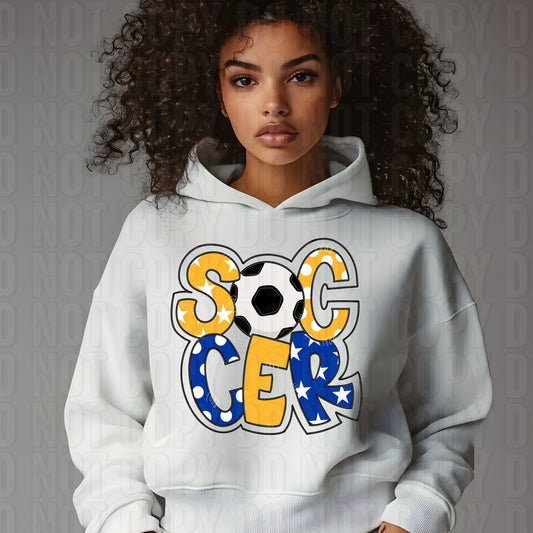 Soccer Word Art Yellow Royal Blue DTF Transfer