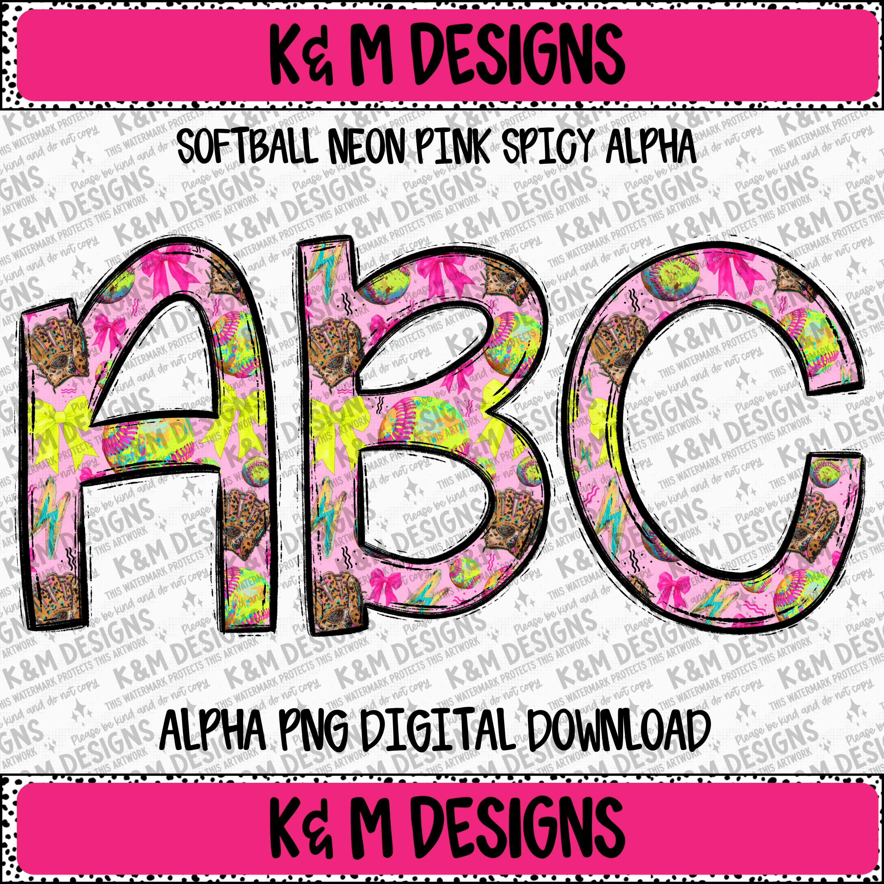 Pink Softball Pattern Softball Neon Pink Spicy Alpha PNG Set Digital Download – K&M Designs