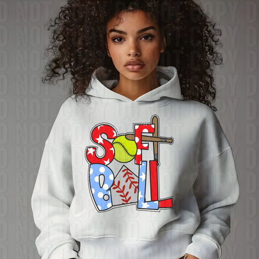 Softball Word Art Red Columbia Blue DTF Transfer