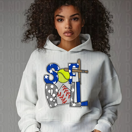 Softball Word Art Royal Blue Gray DTF Transfer