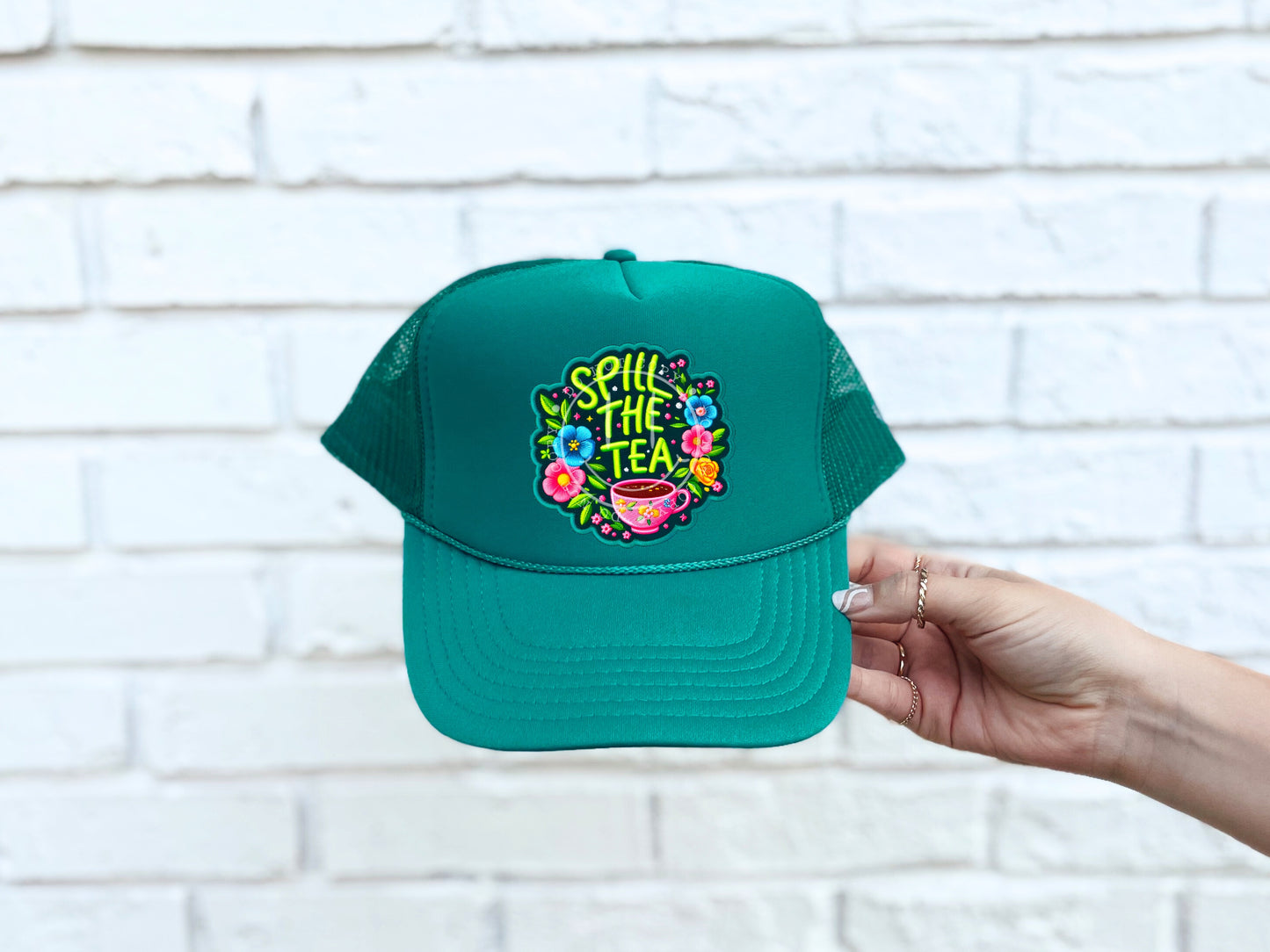 Spill The Tea Bright Floral Hat Patch DTF Transfer