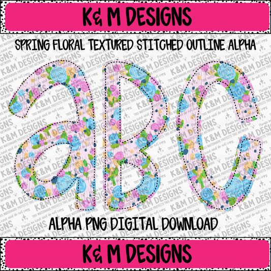 Spring Floral Textured Stitched Outline Alpha PNG Set Digital Download