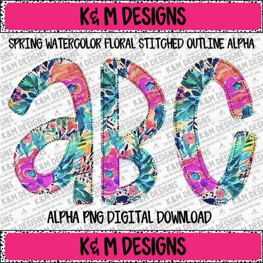 Spring Watercolor Floral Stitched Outline Alpha PNG Set Digital Download