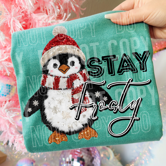 Stay Frosty Penguin Sequin Yarn Faux DTF Transfer