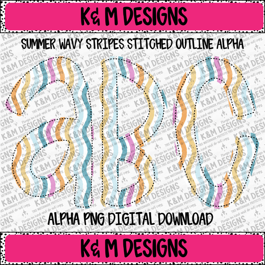 Summer Wavy Stripes Stitched Outline Alpha PNG Set Digital Download