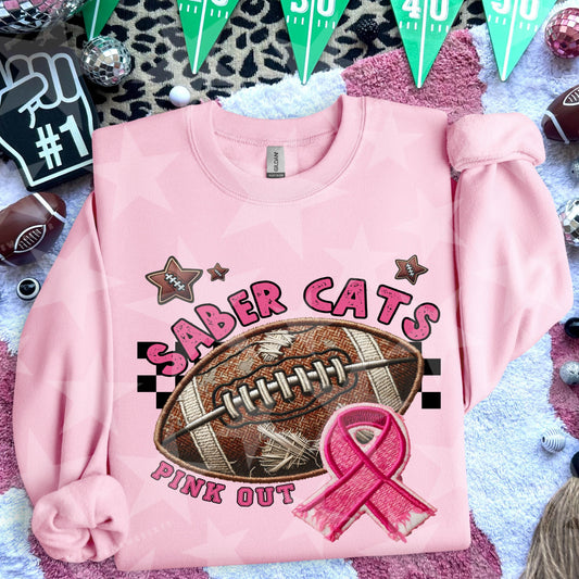 Saber Cats Football Embroidery Faux Pink Out Mascot DTF Transfer