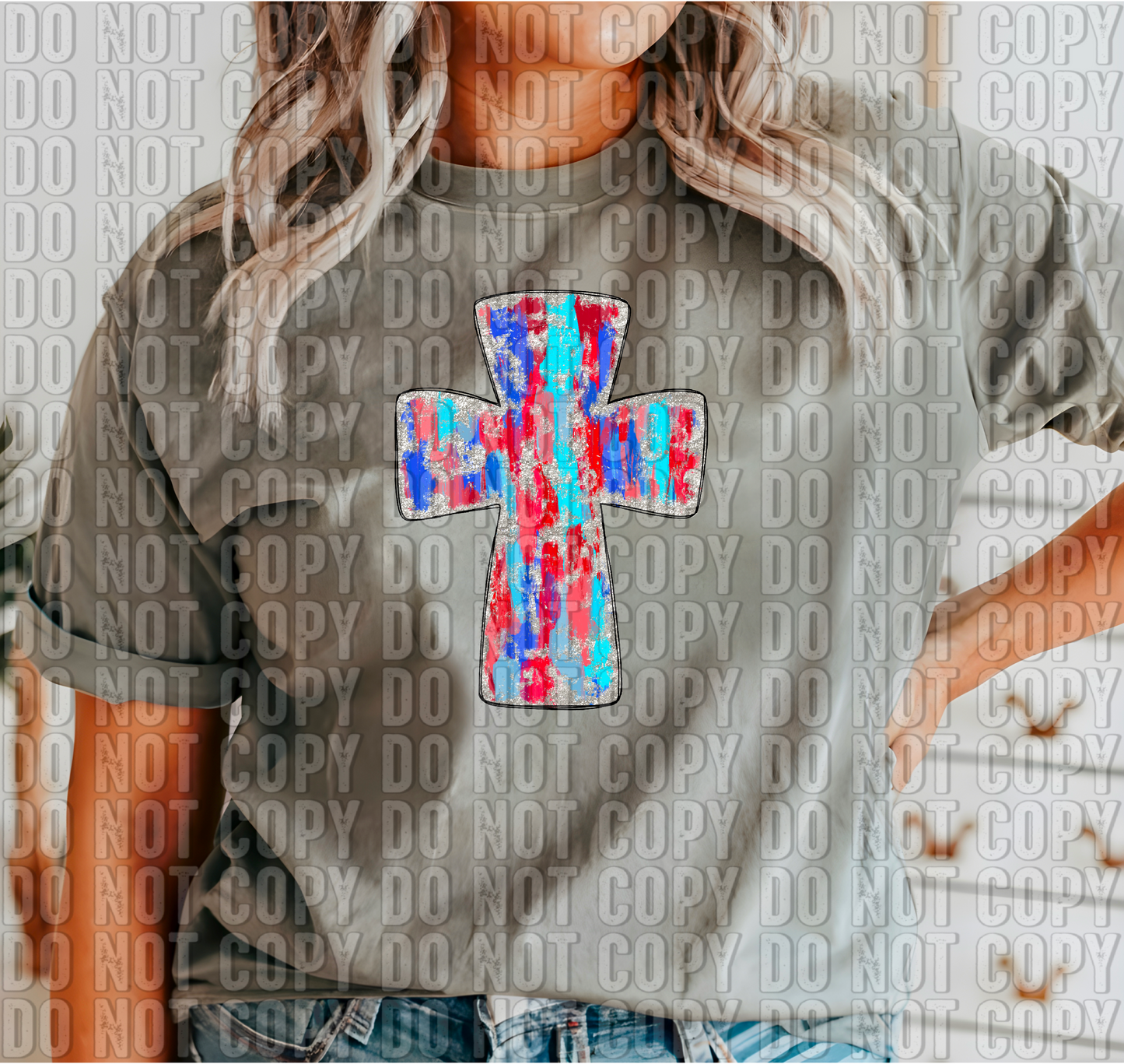 Patriotic Cross Silver Glitz DTF Transfer