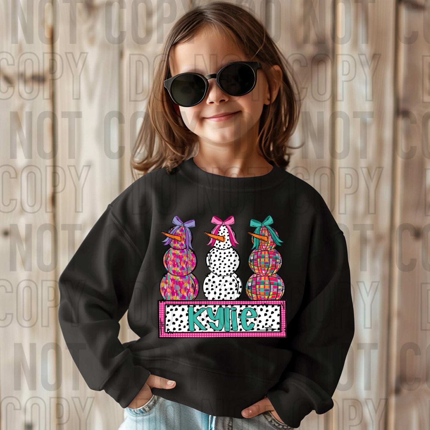 Snowmen Bright Colors With Bows (Girl) With Name Plate Personalized DTF Transfer