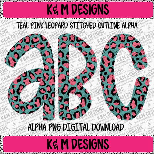Teal Pink Leopard Stitched Outline Alpha PNG Set Digital Download