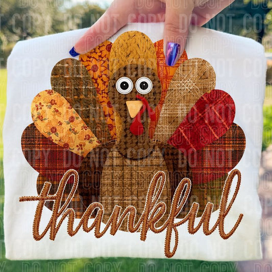 Thankful Turkey Quilted Embroidered Faux DTF Transfer