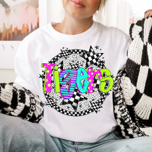 Tigers Mascot Neon Checker DTF Transfer