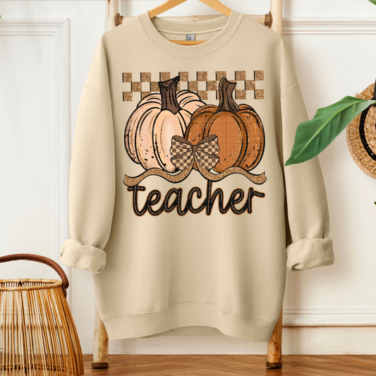 Teacher Fall Checkered Glitter Pumpkin DTF Transfer