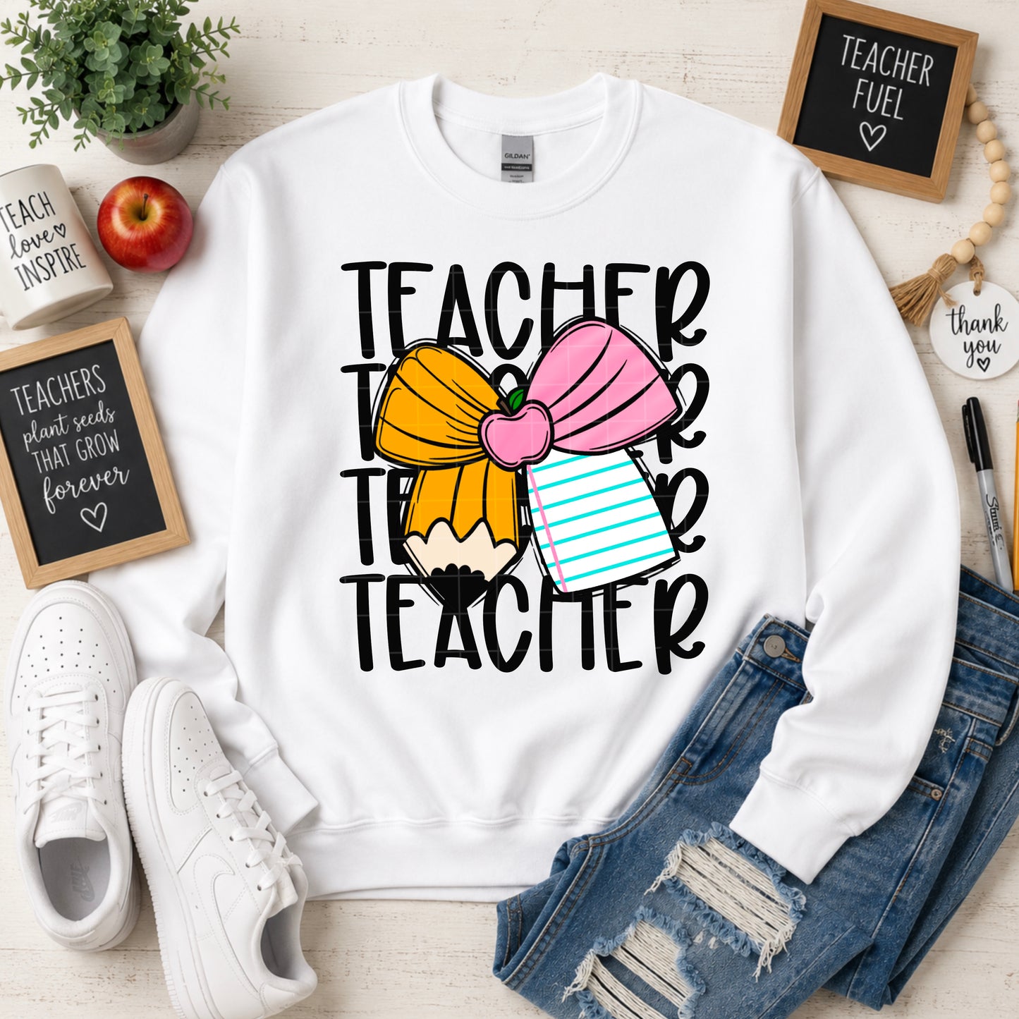 Teacher Stacked With Pink Bow DTF Transfer