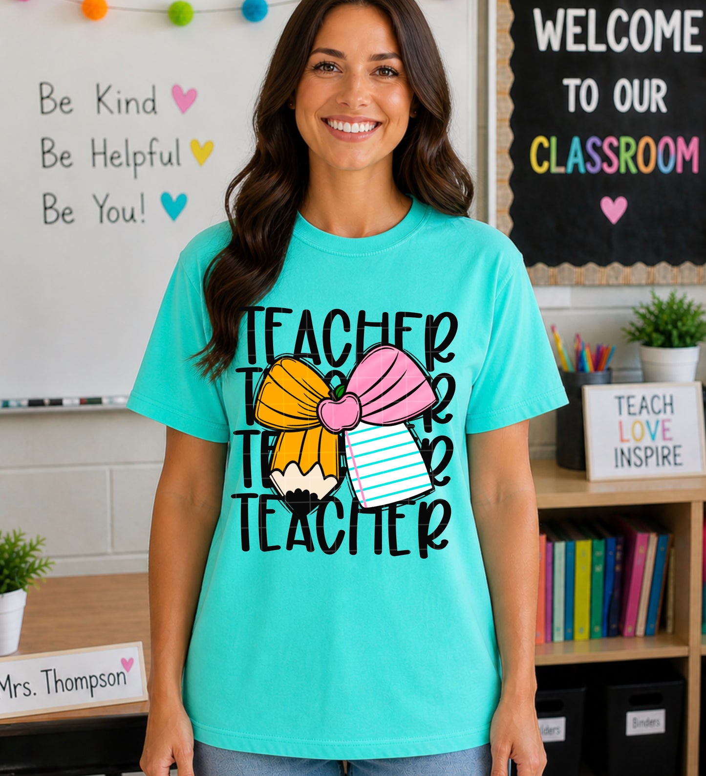Teacher Stacked With Pink Bow DTF Transfer