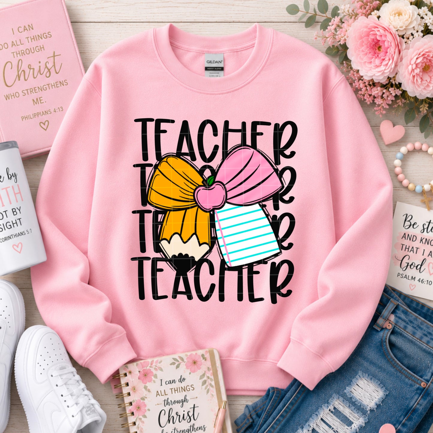 Teacher Stacked With Pink Bow DTF Transfer