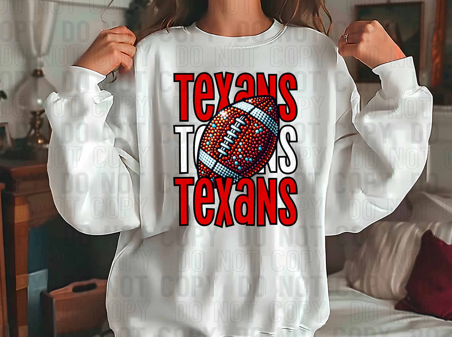 Texans Rhinestone Football Red White DTF Transfer