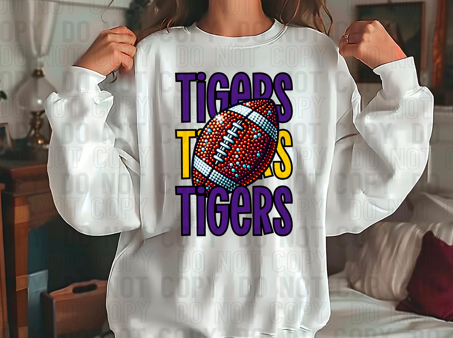 Tigers Rhinestone Football Purple Yellow Gold DTF Transfer