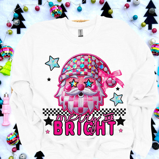 Merry And Bright Pink Santa Faux Embroidery DTF Transfer