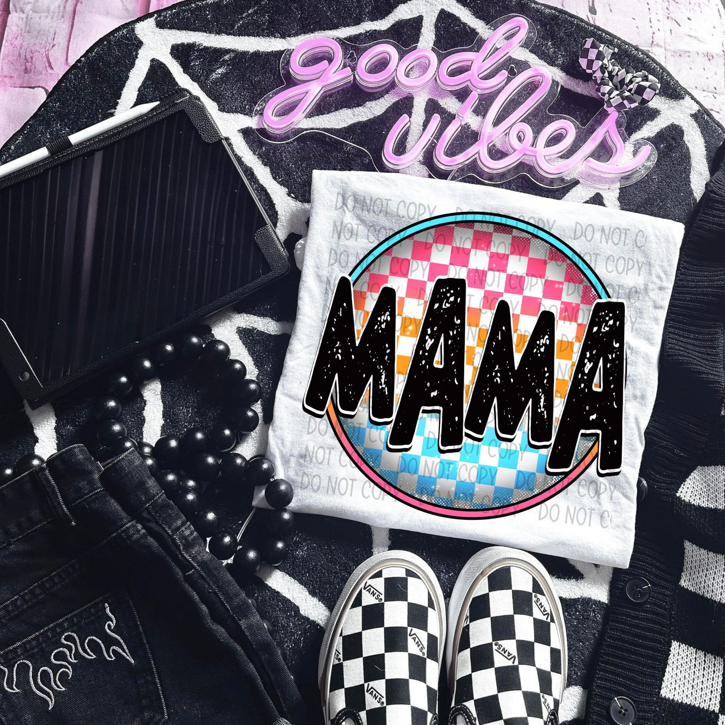 Neon Mama Checkered Pink/Blue Circle DTF Transfer