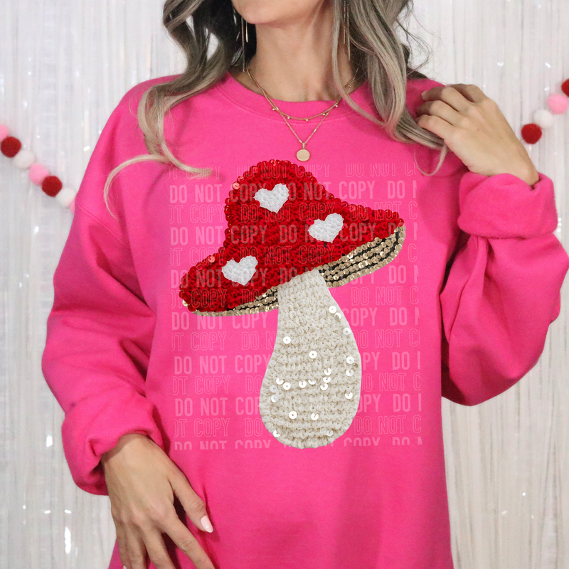 Valentine's Day Mushroom Yarn & Sequin Faux DTF Transfer