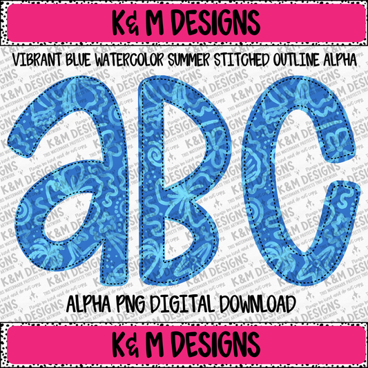 Vibrant Blue Watercolor Summer Stitched Outline Alpha PNG Set Digital Download