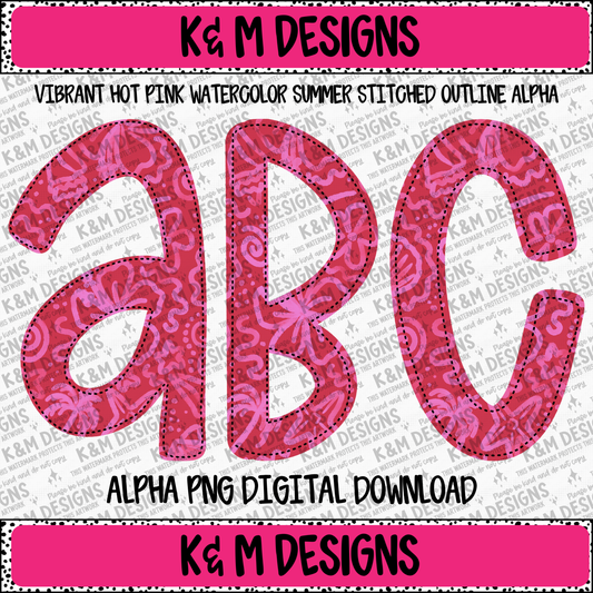 Vibrant Pink Watercolor Summer Stitched Outline Alpha PNG Set Digital Download