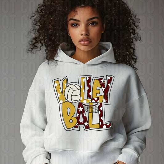 Volleyball Word Art Maroon Vegas Gold DTF Transfer