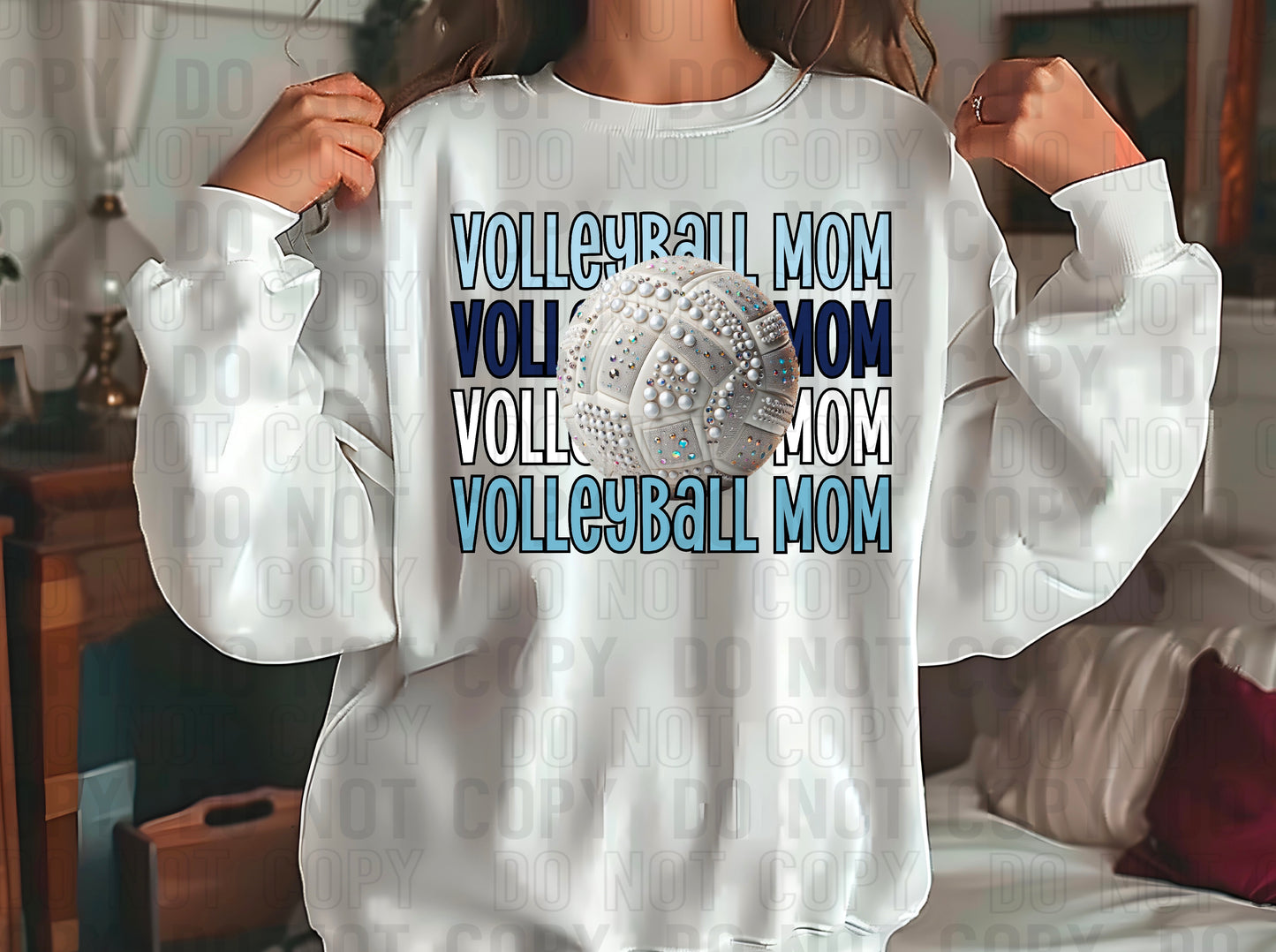 Volleyball Mom Rhinestone Light Blue Dark Blue White DTF Transfer