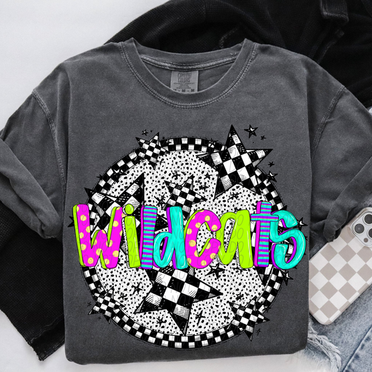 Wildcats Mascot Neon Checker DTF Transfer