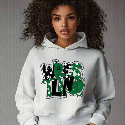 Wrestling Word Art Black Kelly Green DTF Transfer