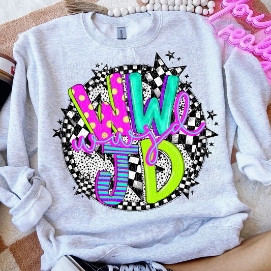 WWJD Neon Checker DTF Transfer