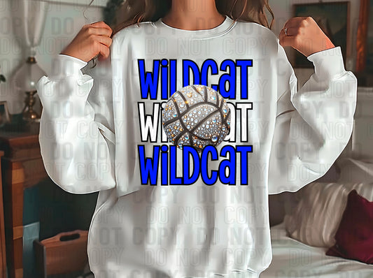 Wildcat Rhinestone Volleyball Royal Blue White DTF Transfer