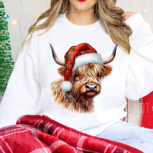 Winter Highland Cow With Santa Hat DTF Transfer