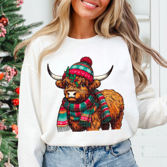 Winter Highland Cow With Hat & Scarf DTF Transfer