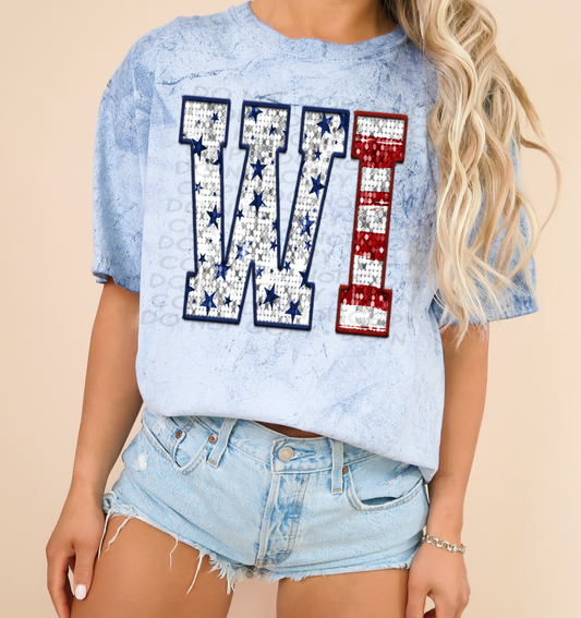 WI Patriotic Sequined Faux State DTF Transfer