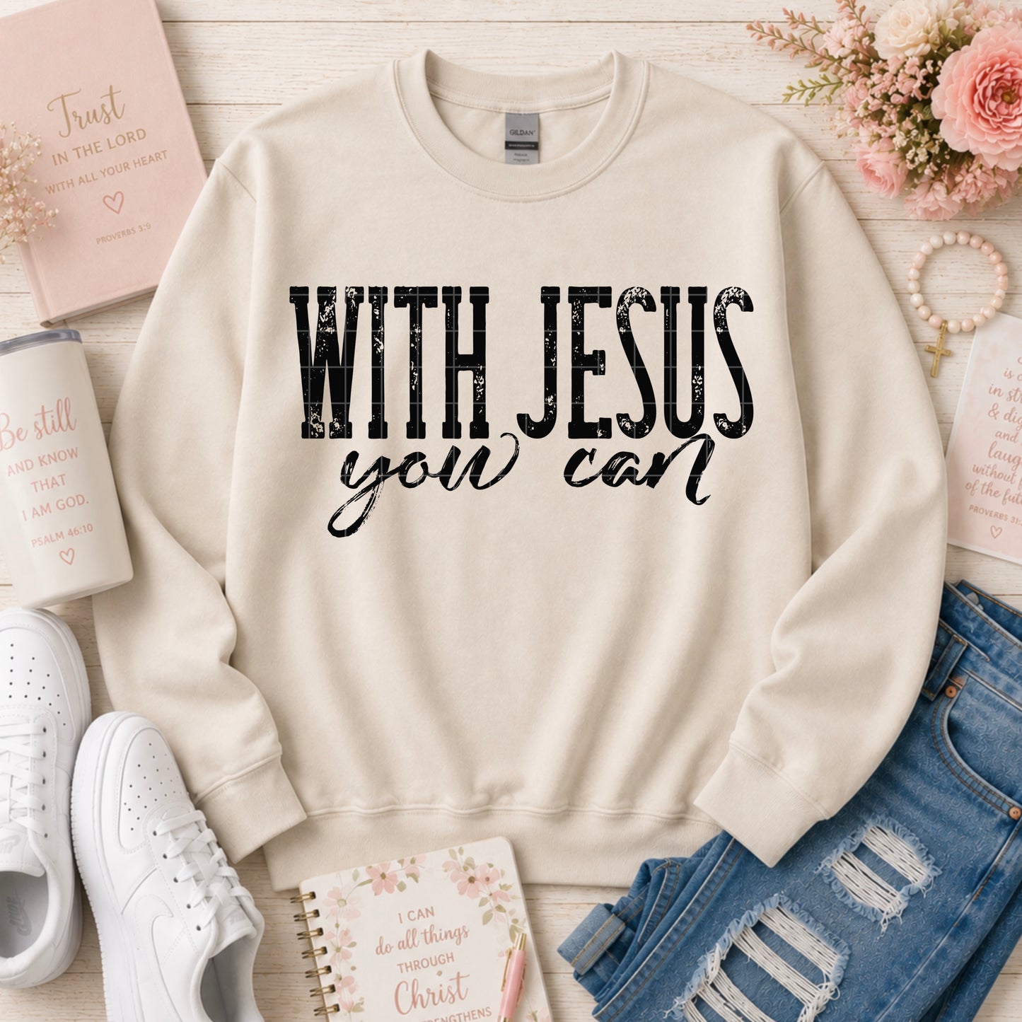 With Jesus You Can Black Font DTF Transfer