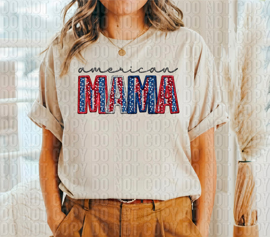 American Mama Sequined Faux Embroidery DTF Transfer