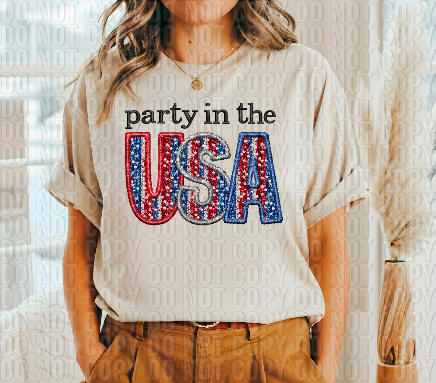 Party In The USA Sequined Faux Embroidery DTF Transfer