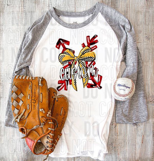 Play Ball Baseball & Softball Laces W/ Checkered Bow Custom Name/Mascot DTF Transfer