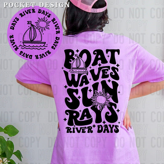 Boat Waves Sun Rays River Days Black Front/Back DTF Transfer