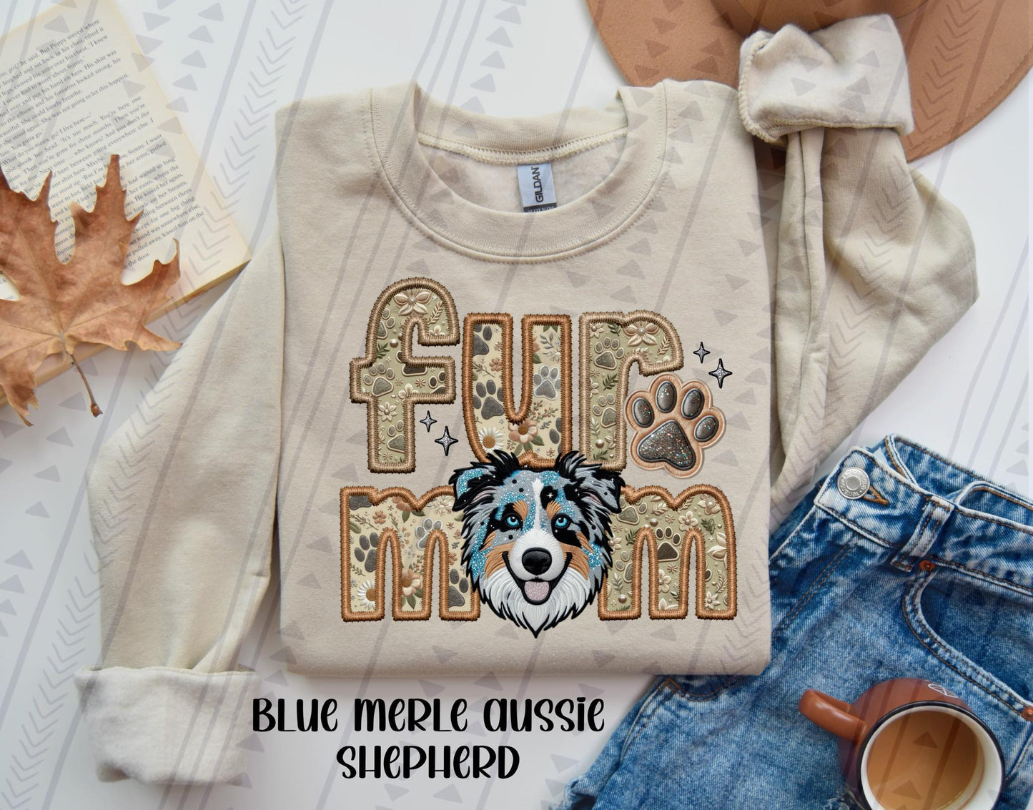 Blue Merle Aussie Shepherd Fur Mom Embroidery Faux DTF Transfer