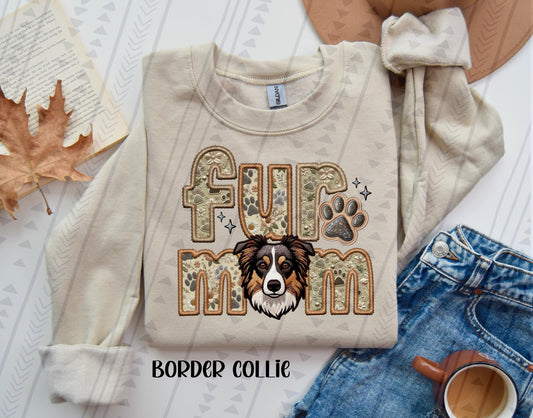 Border Collie Fur Mom Embroidery Faux DTF Transfer