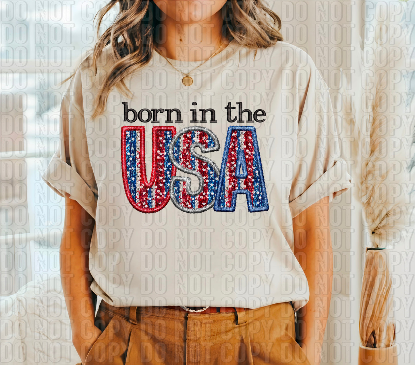 Born In The USA Sequined Faux Embroidery DTF Transfer