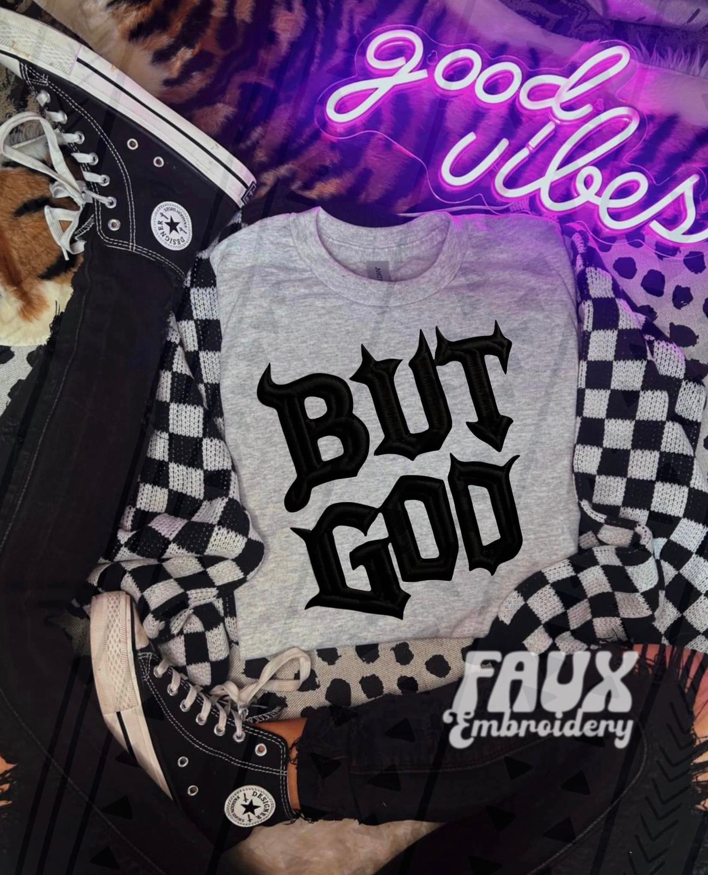 But God Faux Embroidery DTF Transfer