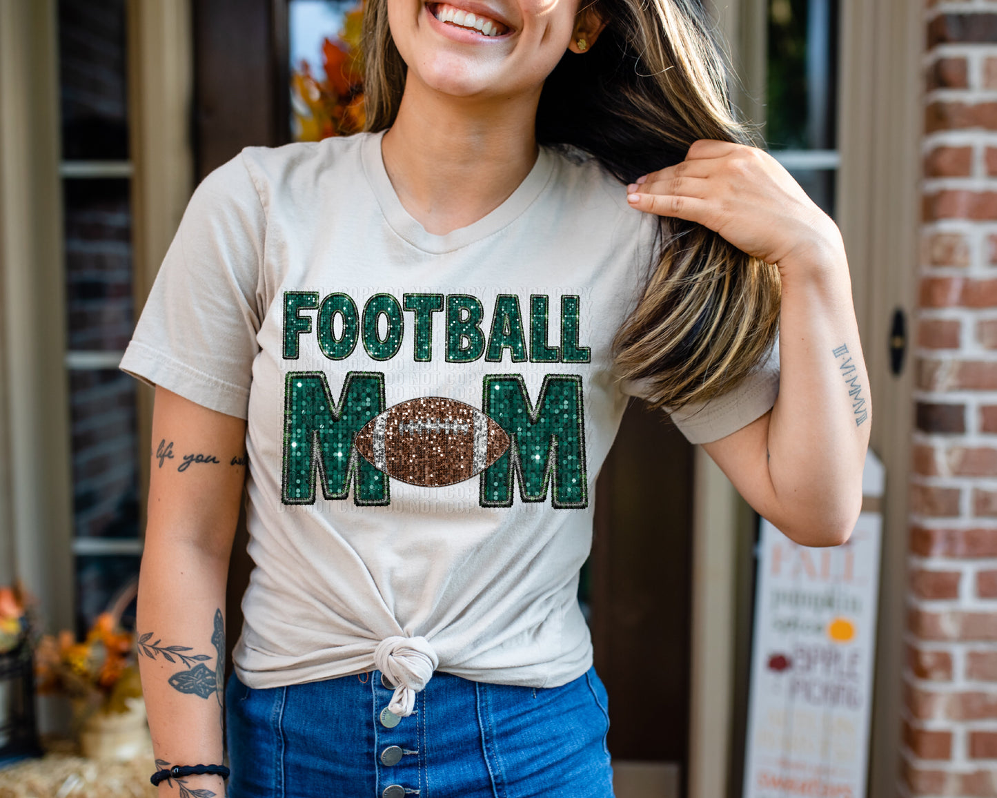 Emerald Glittery Football Mom Faux DTF Transfer