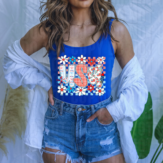 Floral Checkered USA DTF Transfer