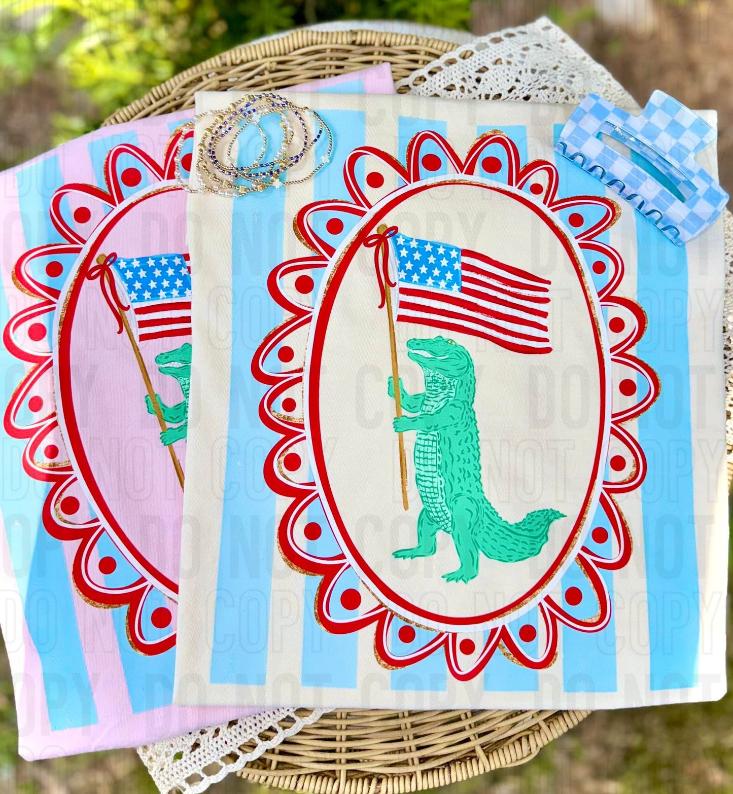 Preppy Gator Flag Striped Frame Comfort Color Tee