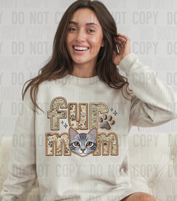 Grey Tabby Cat Fur Mom Embroidery Faux DTF Transfer